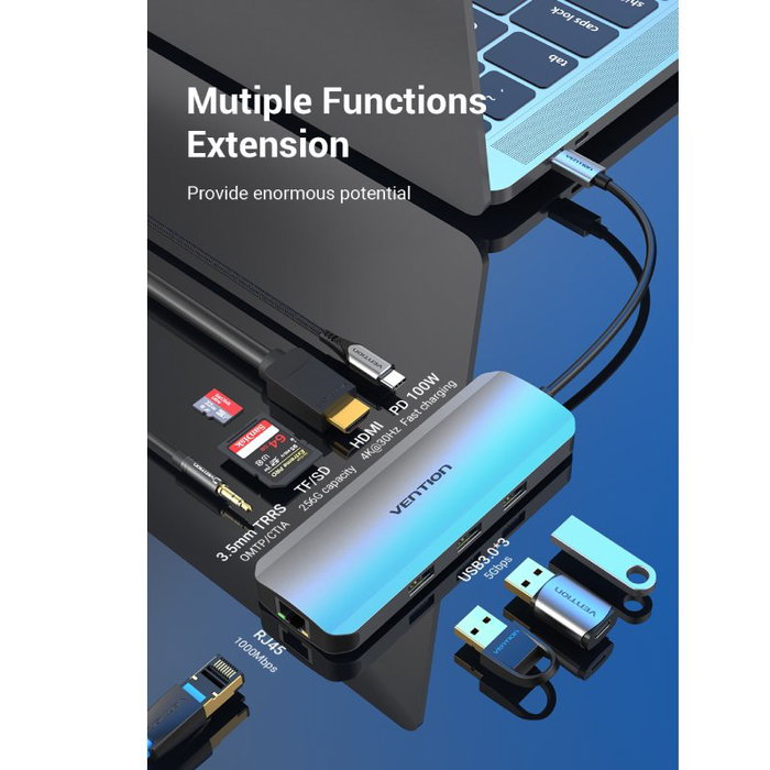 Vention Docking Station TOLHB con HDMI 4K, 3xUSB, USB-C PD, RJ45 y Lector de Tarjetas - Gris